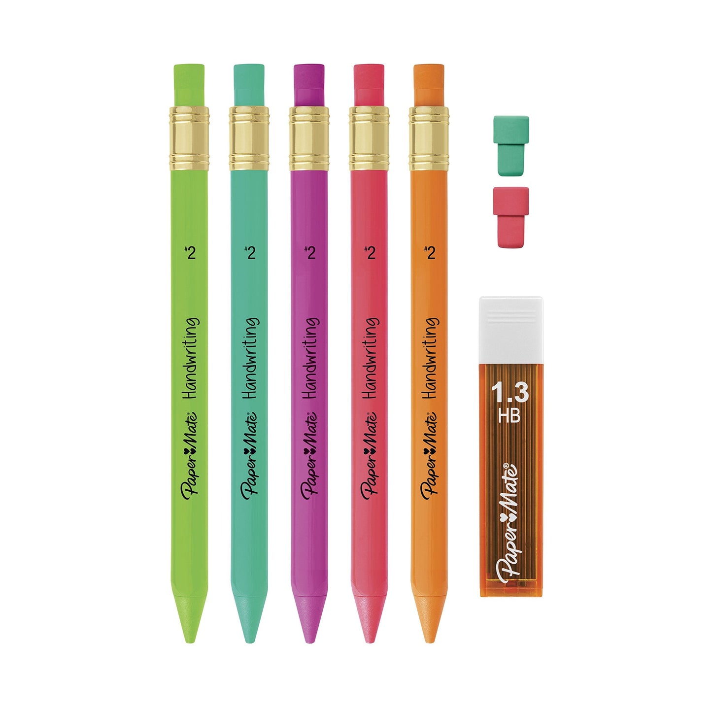 Paper Mate Handwriting Triangular Mechanical Pencil Set with Lead & Eraser Refills, 1.3mm, Back to School, Teacher Supplies, Home, Sketching, Drafting, Fun Barrel Colors, 8 Count