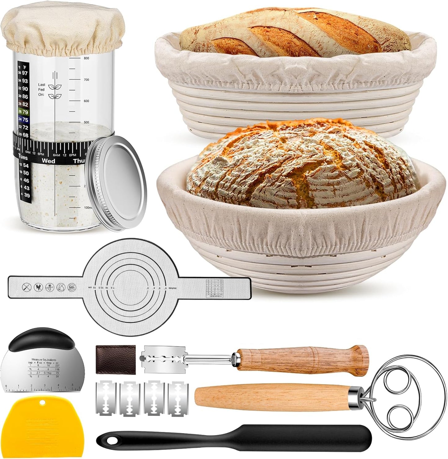 2 36oz Sourdough Starter Kit with Proofing Baskets, Sourdough Starter Jar, Bread Lame, Dough Scraper, Dough Whisk
