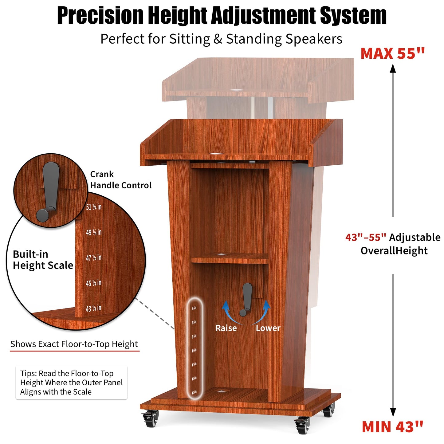 GARVIN Wooden Podium Stand with Wheels, 43"-55" Adjustable Height Podium Stand with Hand Crank, Wooden Pulpit for Churches with Storage Shelves&Cable Management Hole for Schools, Auditorium