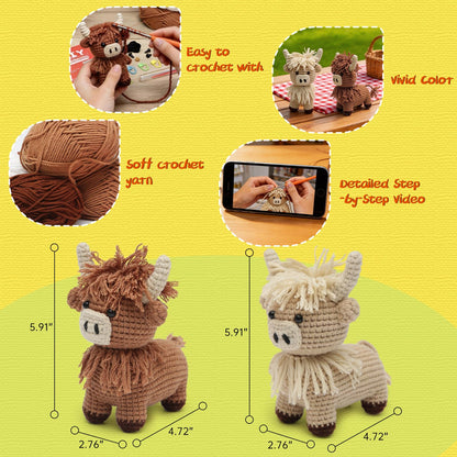 GONELYON Crochet Kit for Beginners, 2 PCS Crochet Animal Kit Highland Cattle, with Step-by-Step Video Tutorials, Beginner Crochet Kit for Adults, DIY Amigurumi Animal Craft Kit