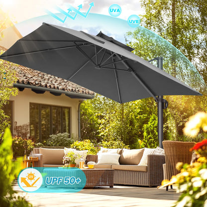 HOTIME 10x10ft Patio Umbrella Cantilever Umbrella Double Top - Upgrade and Intensify - 360 Rotation and 5 Angles Adjustment - Aluminum Offset Pool Umbrella Outdoor Umbrellas for Patio Garden Deck Pool