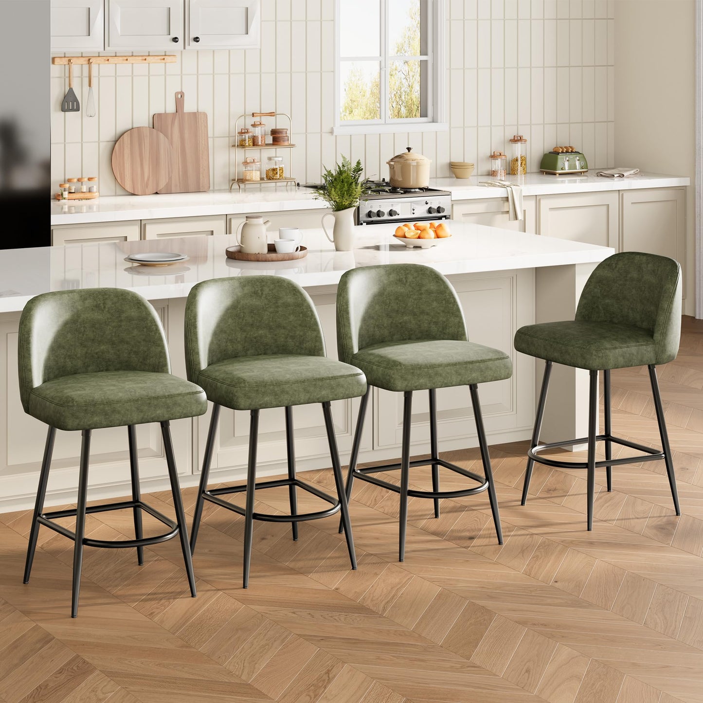 Garvee Bar Stools Set of 4, Leather Upholstered Barstools with Back & Arc Metal Footrest, 26" Modern Kitchen Island Stools with Thickened Metal Legs for Home Bar, Bistro & Dining Area, Green