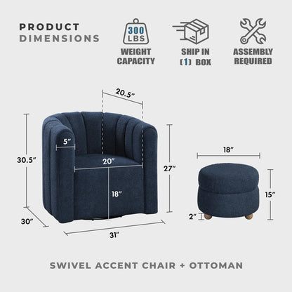 Lexicon Swivel Accent Chair with Ottoman, Boucle Fabric Upholstered 360 Degree Swivel Single Sofa Chair with Ottoman Set for Living Room/Office/Apartment, Blue