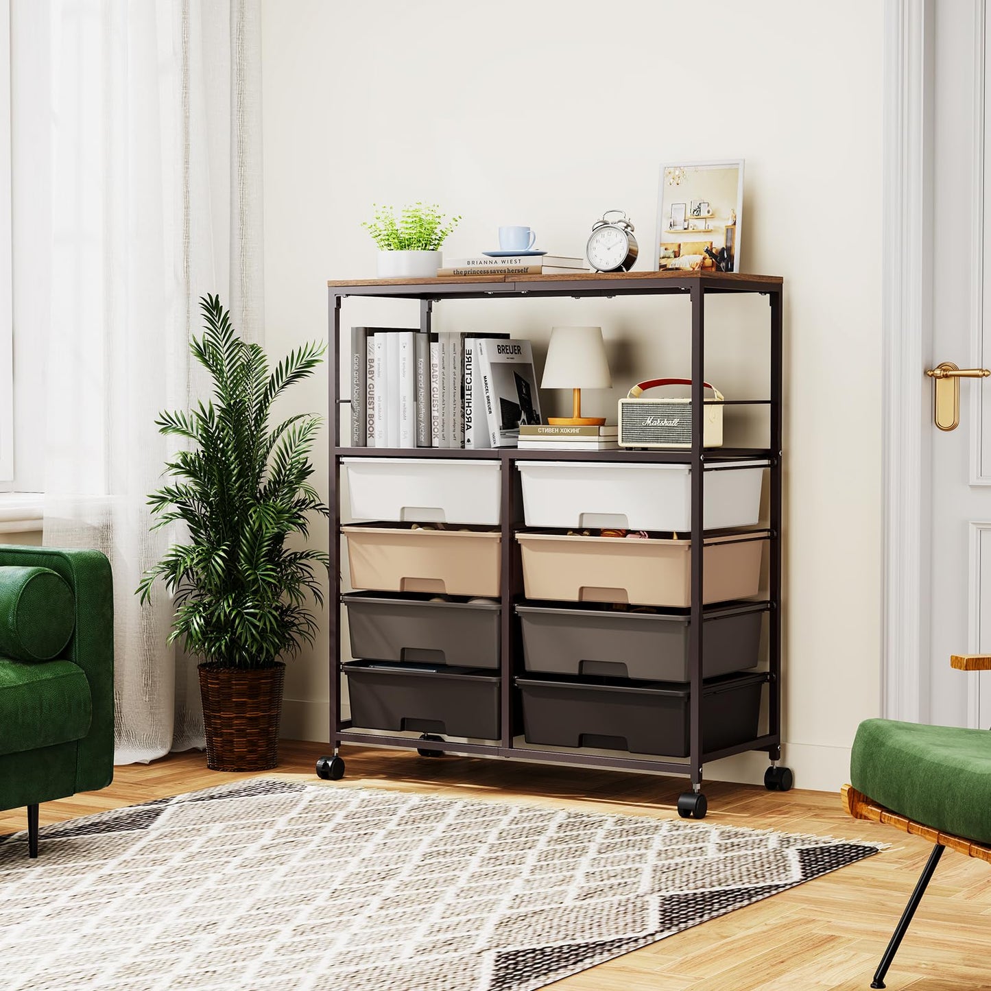 SYKIARIOL 8 Drawers Rolling Storage Cart with Wooden Top, Multipurpose Utility Cart with Opening Shelf & Lockable Wheels, Storage Drawer Cart Organizer for Home Office Craft Room Classroom, Brown
