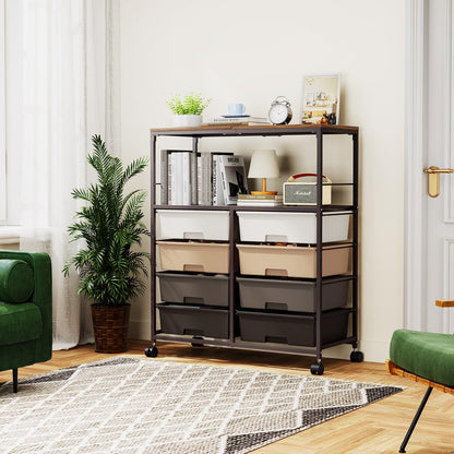 SYKIARIOL 8 Drawers Rolling Storage Cart with Wooden Top, Multipurpose Utility Cart with Opening Shelf & Lockable Wheels, Storage Drawer Cart Organizer for Home Office Craft Room Classroom, Brown