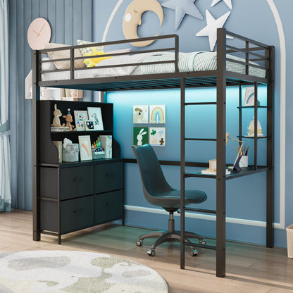 GarveeHome Loft Bed Twin Size with Desk, 4 Large Fabric Drawers and 2 Storage Shelves, Heavy Duty Metal Loft Bed with LED Lights & Charging Sation, Safety Guard & Ladder, No Box Spring Needed, Black