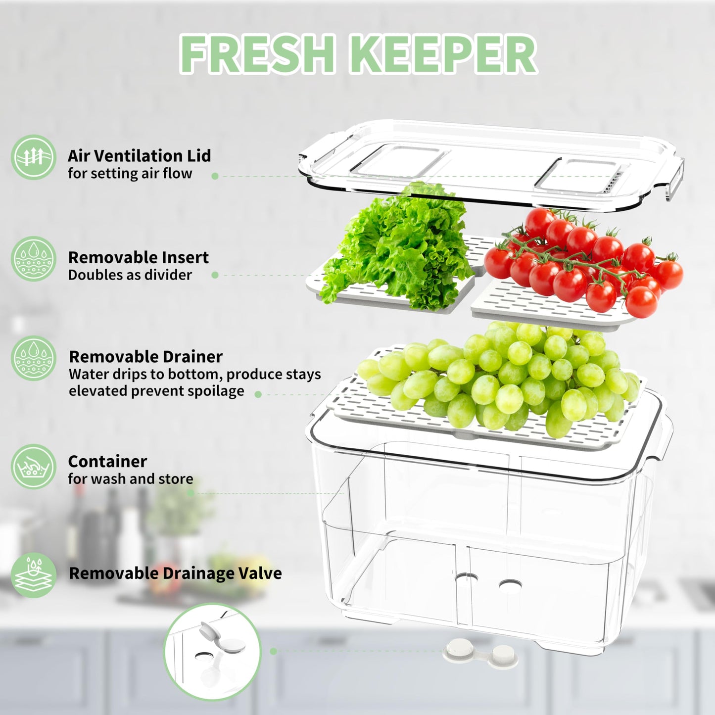 elabo Fruit Storage Containers Fridge Produce Saver- Stackable Refrigerator Organizer Keeper Drawers Bins with Lids and Removable Drain Tray for Veggie, Berry and Fruits, 1 Medium and 1 Large