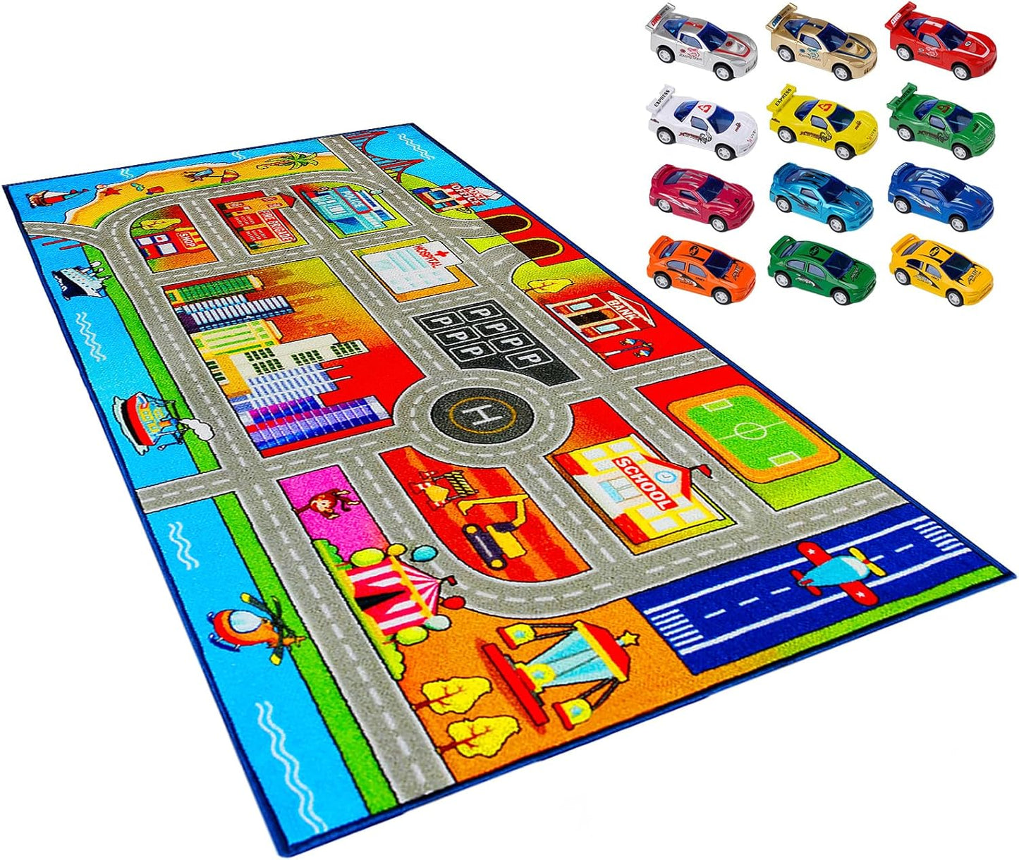 12 3+ Booooom Jackson Kids Carpet Playmat with Toy Cars for Age Colorful Non Slip City Rug for Kids Track Play Mat