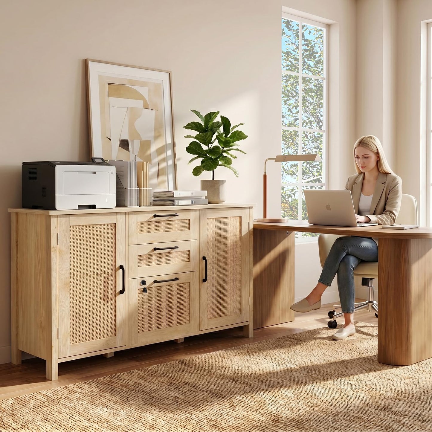 HOPUBUY 3 Drawer and 2 Doors File Cabinet with Lock, Printer Stand Lateral Filing Cabinets for Home Office and School, Wood Rattan File Cabinet for Hanging Files/Letter/Legal/A4/F4 Size, Natural Wood