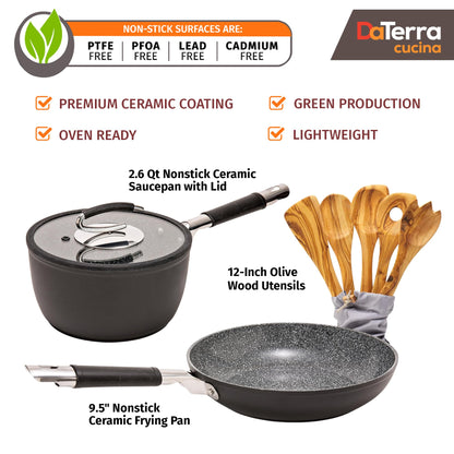 DaTerra Cucina Nonstick Small Chef Bundle – 2.6 Qt Ceramic Saucepan with Lid, 9.5" Frying Pan, 5-Piece Olive Wood Cooking Utensils – Oven Safe, Induction Compatible, PTFE & PFOA Free – Made in Italy