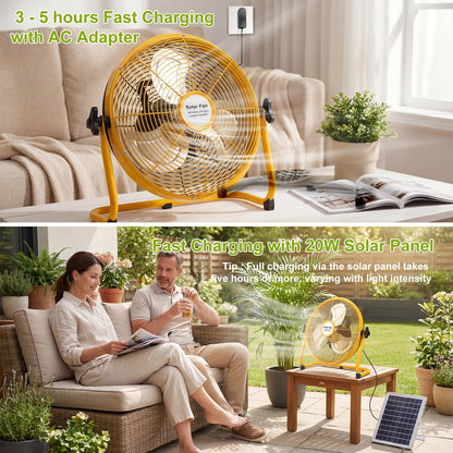 12'' Solar Powered Floor Fan Rechargeable, Long Lasting Portable Battery Operated Floor Fans with 12 Speeds, 20W Panel & AC Charging, 360° Tilt for Outdoor Camping, Chicken Coop, Garage (Yellow)