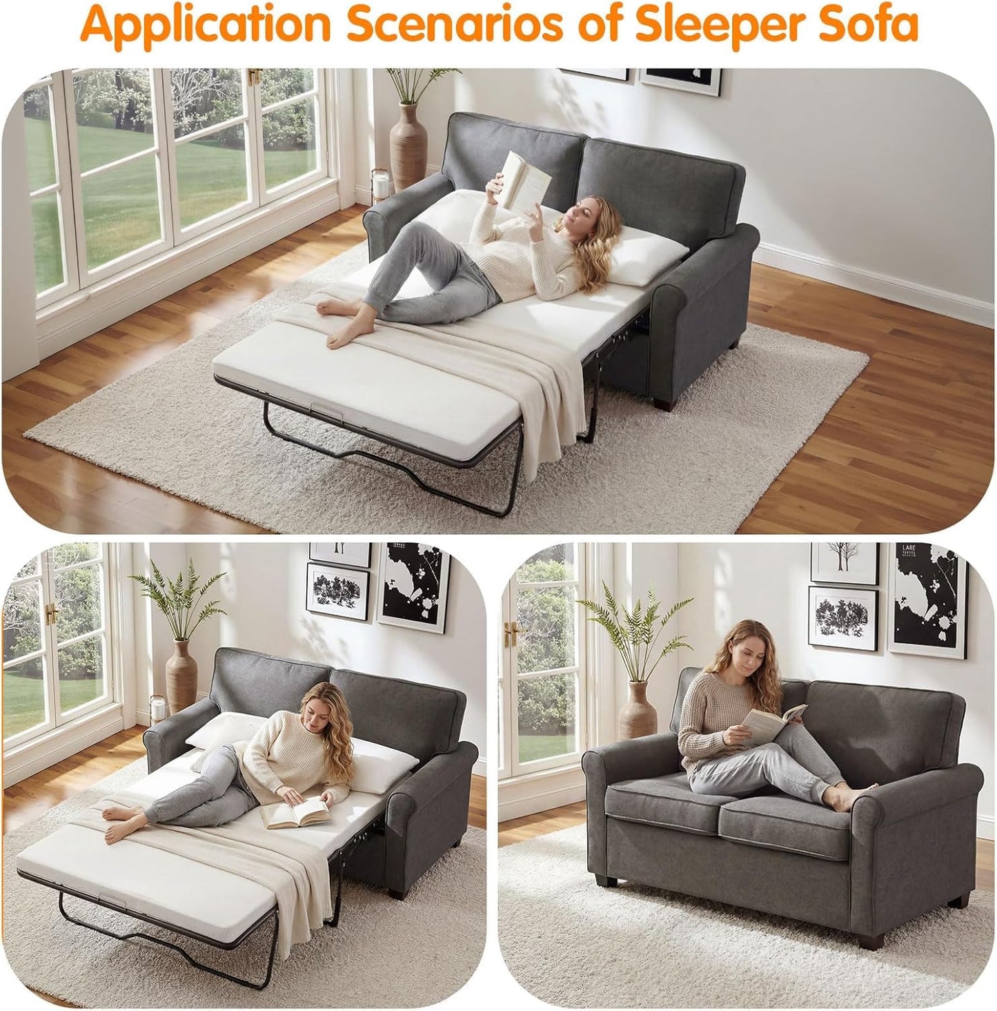 Meeyar 57 inches Loveseat Sleeper Sofa, 2-in-1 Pull-Out Couch Bed with High-Density Sponge Mattress for Small Apartment, Living Room, Guest Room,Grey
