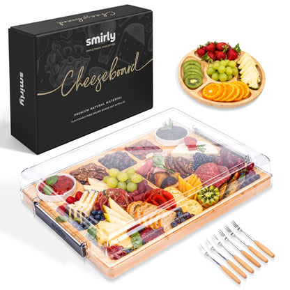 SMIRLY Charcuterie Boards with Lid Large Travel Cheese Charcuterie Boards with Lid, Portable Bamboo Cheese Platters Serving Tray for Home Kitchen Picnics, Housewarming Gifts Wedding Gifts for Couples