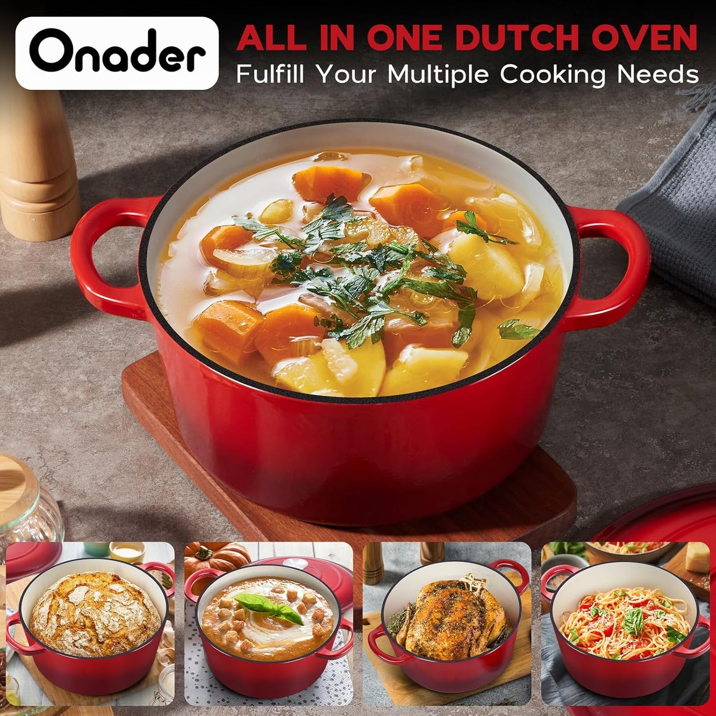 5QT Onader Enameled Cast Iron Dutch Oven, Round Dutch Oven Pot with Lid for Sourdough Bread Baking - Red