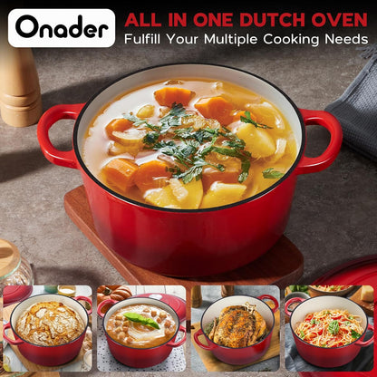 5QT Onader Enameled Cast Iron Dutch Oven, Round Dutch Oven Pot with Lid for Sourdough Bread Baking - Red