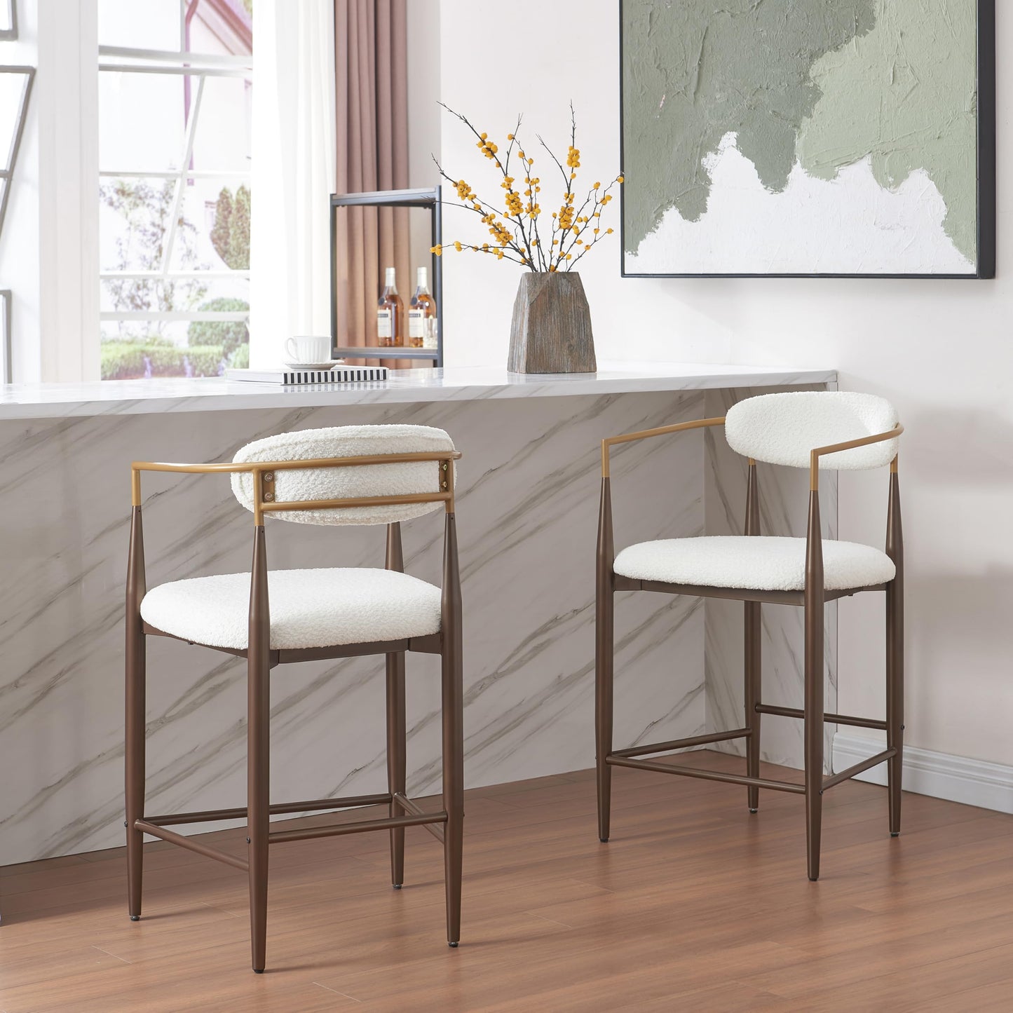 Christopher Knight Home Ebany 25" Barstools Set of 2, Metal Frame Counter Stool, Upholstered Bar Chair, Curved Back Barstool, Open Design Counter Stool for Kitchen Dining Island Table, Beige+Gold