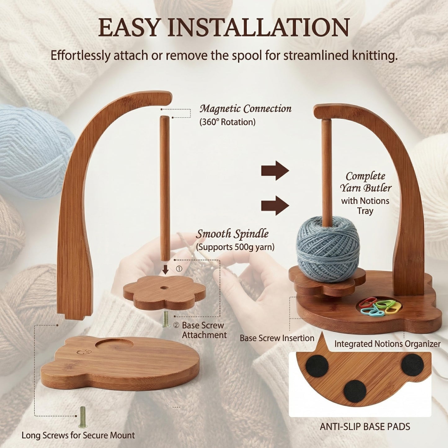 Blingcute Wooden Yarn Holder for Crochet and Knitting, 360° Rotating Bear-Shaped Yarn Stand, Anti-Tangle with Flower Base, Marker Tray, Anti-Slip Pads, Crochet Accessories Gift for Women