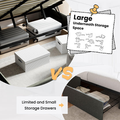 SHA CERLIN Full Size Lift Up Storage Bed/Modern Wingback Headboard/Upholstered Platform Bed Frame/Hydraulic Storage/No Box Spring Needed/Wood Slats Support/Dark Grey