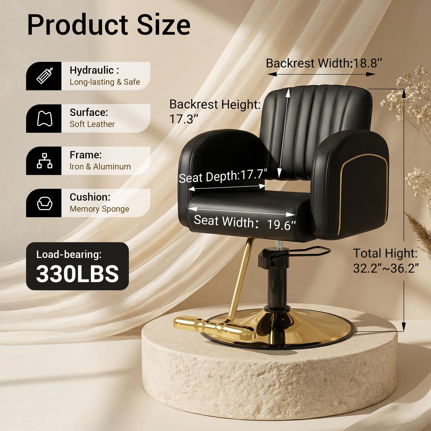 Baasha Professional Black & Gold Salon Chair, Luxury Hydraulic Styling Chair with Soft PU Leather, High-Density Foam Cushion, 360° Swivel, Stainless Steel Frame, Ergonomic Design, 330 lbs Capacity