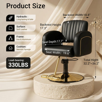 Baasha Professional Black & Gold Salon Chair, Luxury Hydraulic Styling Chair with Soft PU Leather, High-Density Foam Cushion, 360° Swivel, Stainless Steel Frame, Ergonomic Design, 330 lbs Capacity