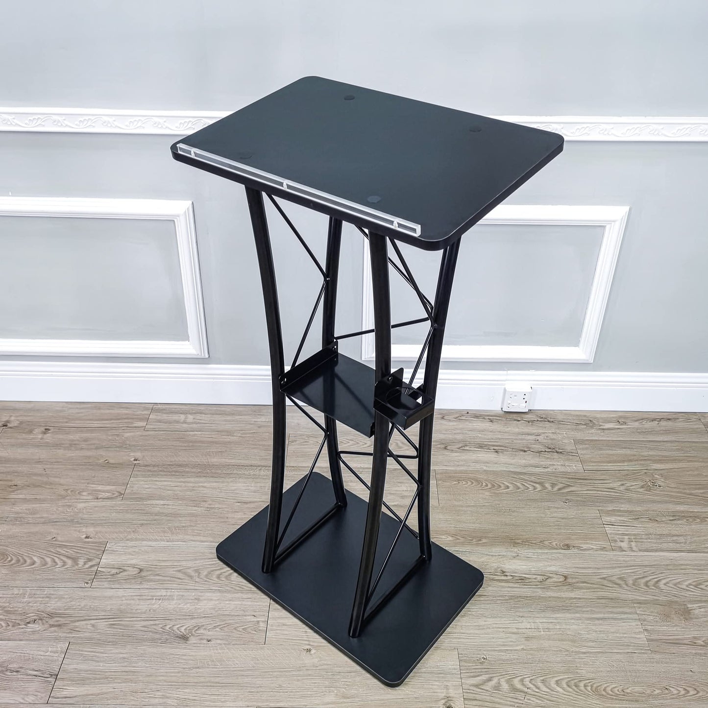 FixtureDisplays® Wood (MDF) Top, Metal Truss Podium Pulpit Lectern 23.8 X15.9 X46" with A Cup Holder Black 21854-X-NEW-NPF
