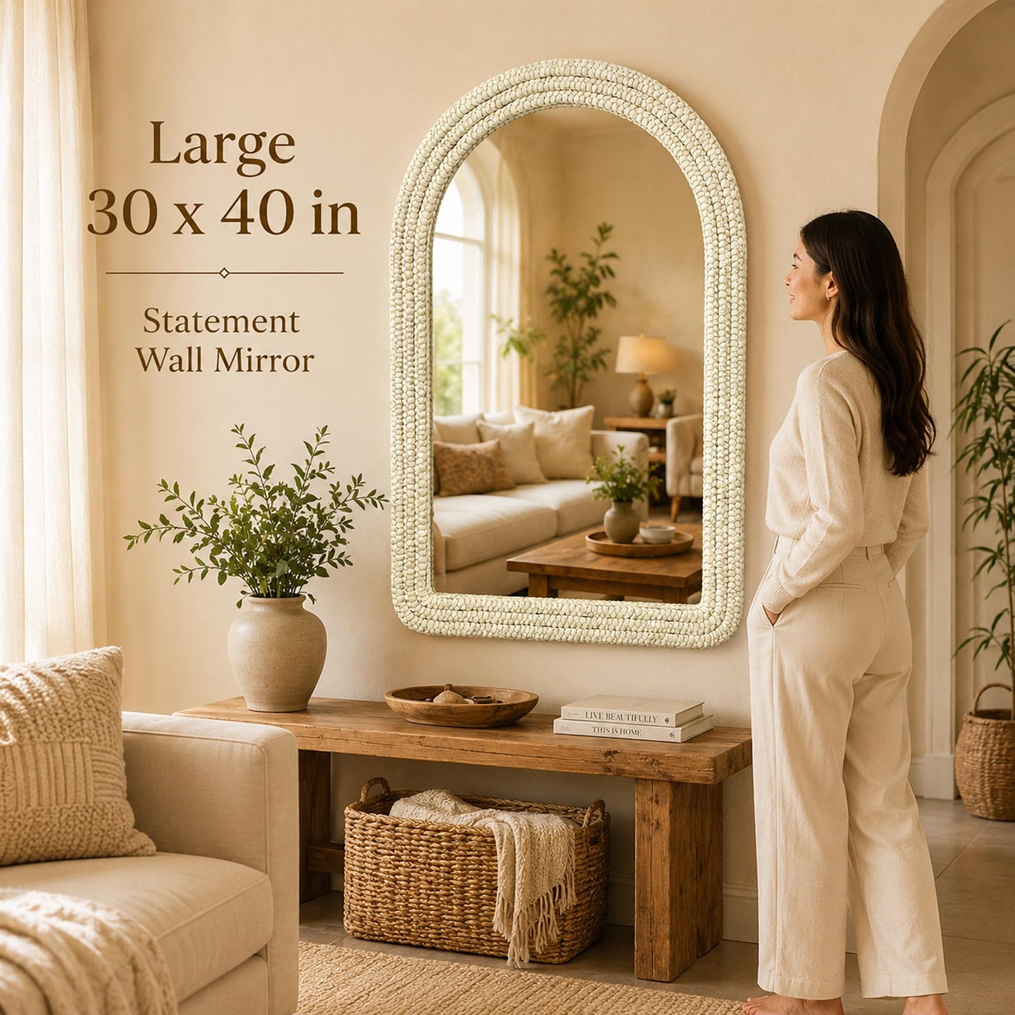 CAVINHOME 30" x 40" Arched Wall Mirror, Handwoven Natural Corn Husk Fiber with Light Whitewashed Finish, Warm Boho Coastal Style for Entryway, Bedroom, Living Room, Vertical Hanging