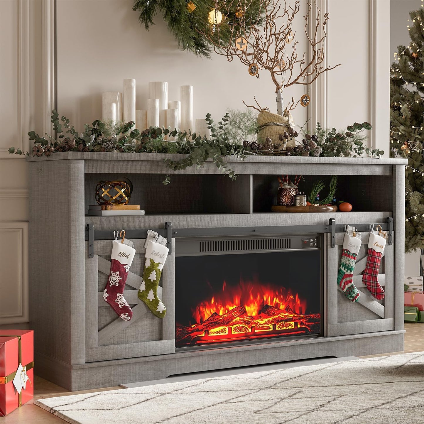 YESHOMY Fireplace TV Stand for Television up to 65+ Inch with Storage and Farmhouse Sliding Barn Doors, Entertainment Center with Cabinet and Shelves, Media Console for Living Room,Gray