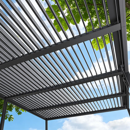 MELLCOM Louvered Pergola 12x20, Steel Aluminum Pergola with Adjustable Louvered Roofs, Outdoor Gazebo with Waterproof Curtains and Nets, Black