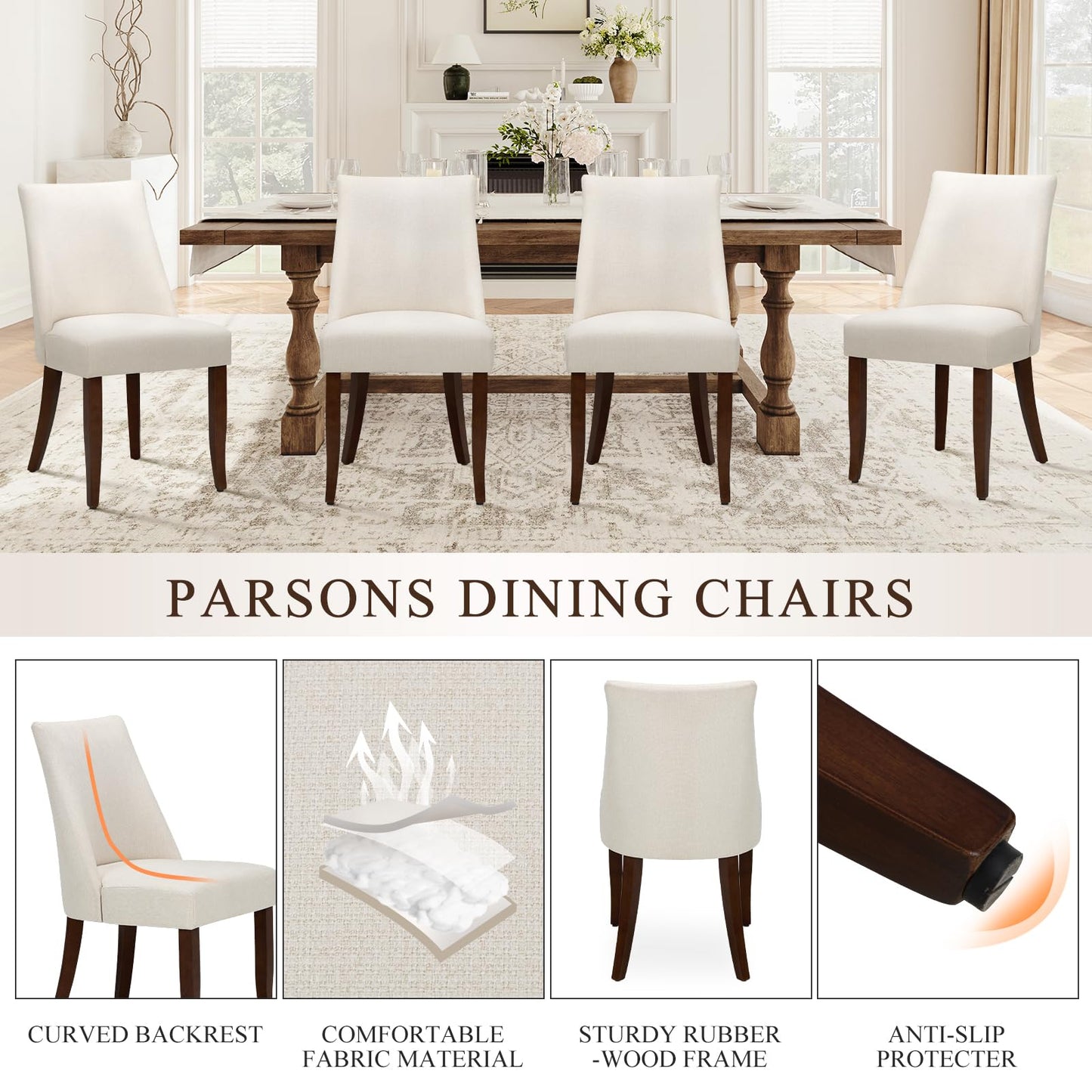 COLAMY Upholstered Dining Chairs Set of 4, Mid Century Modern Kitchen Chairs with Back, Farmhouse Fabric Side Dining Room Chairs with Wood Legs for Dining Room Restaurant, Beige