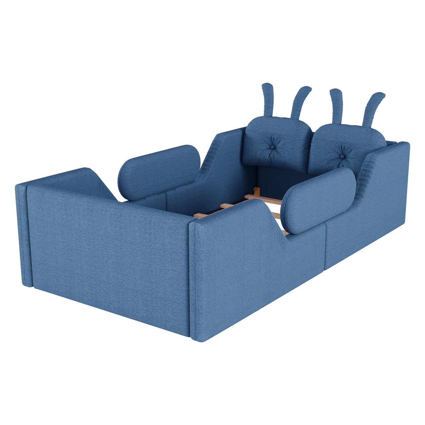 KEIKI Twin Size Upholstered Platform Bed, Kids Floor Bed Frame with Rabbit Shaped Cushion, Cute Bed Frames Twin for Boys Girls, Safety Rails & Wooden Slat, No Box Spring Required, Easy Assembly, Blue