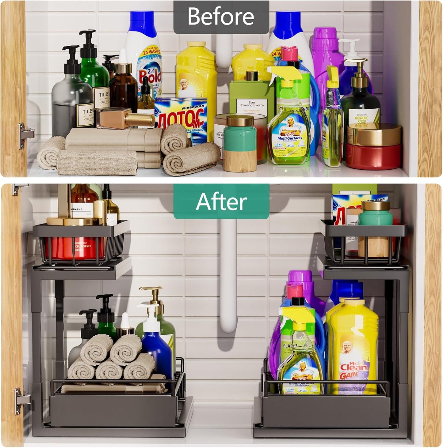 Under Sink Organizer, Metal 2 Tier Storage Basket, Slide Out Cabinet Organizer Shelf for Kitchen and Bathroom, Black