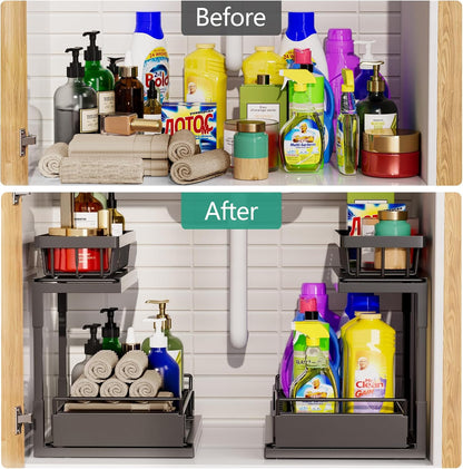 Under Sink Organizer, Metal 2 Tier Storage Basket, Slide Out Cabinet Organizer Shelf for Kitchen and Bathroom, Black