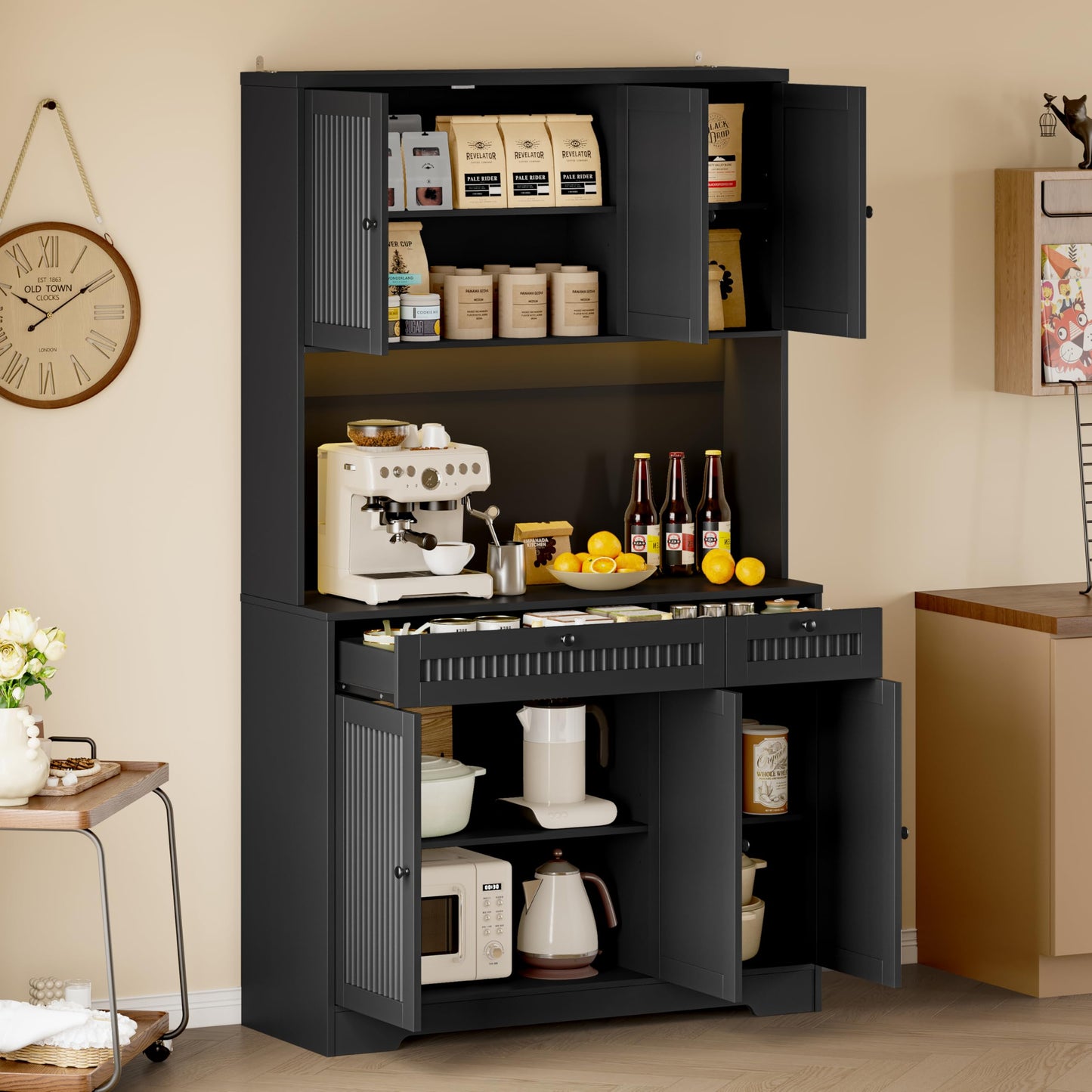 BORNOON Pantry Cabinet with Charging Station and Light, Tall Kitchen Pantry Storage Cabinet with Microwave Stand, Wide Fluted Kitchen Hutch with Storage Drawers and Adjustable Shelves for Dining Room