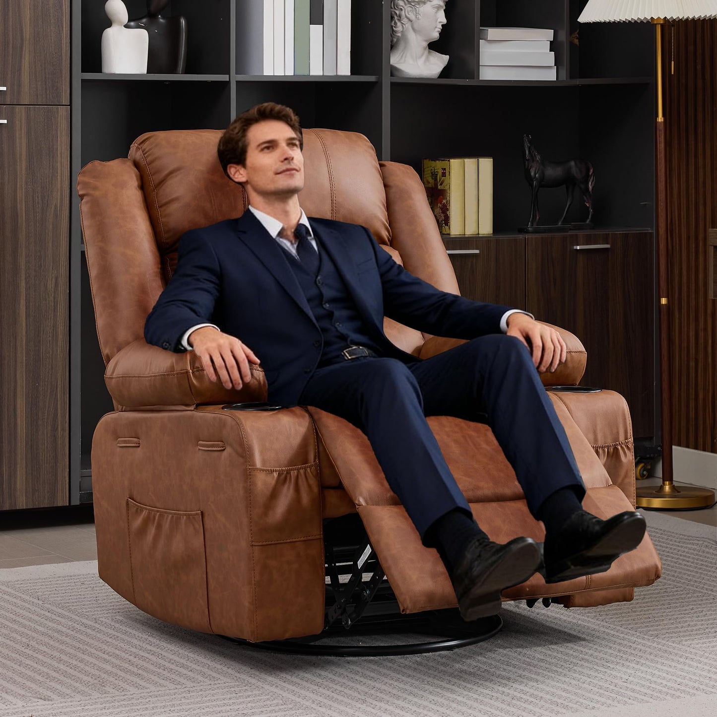 Rocker Recliner Chair for Adults Manual 360° Swivel Single Sofa Seat Glider Chair with 3 Positions 2 Side Pockets Cup Holders PU Fabric for Living Room Nursery Office