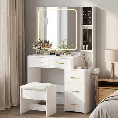 GlowSol Vanity Desk with Mirror and Lights, White Makeup Vanity with Jewelry Organizer, LED Glass Cabinet, 3 Light Modes, Power Outlet, 5 Drawers, Vanity Table Set with Padded Storage Stool