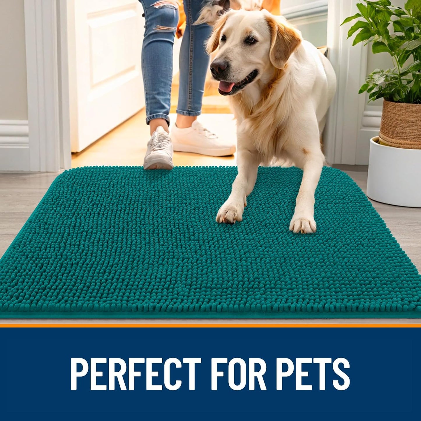 OLANLY Dog Door Mat - Absorbent Non-Slip Chenille Mat for Muddy Paws | 35x24, Quick Dry, Lake Blue