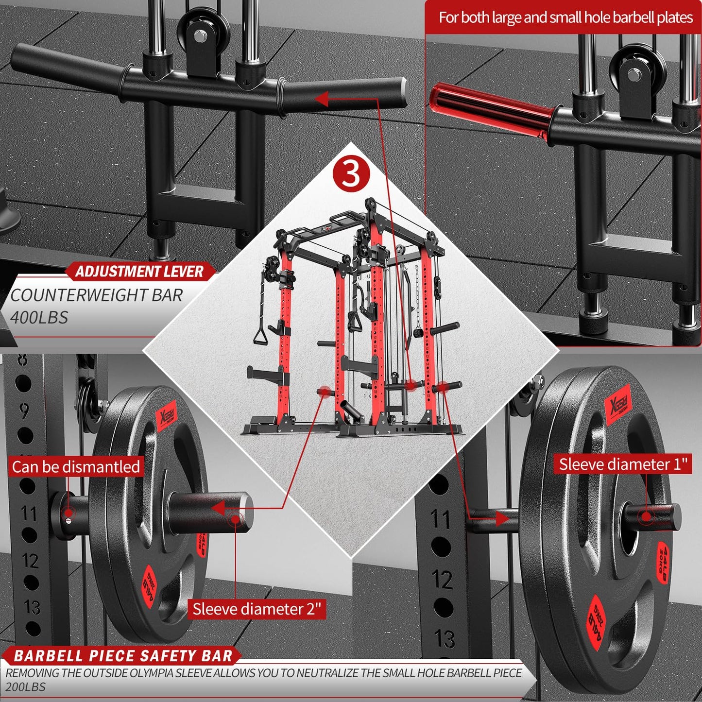 Power Rack Power Cage Multi-Function Squat Rack with Cable Crossover System Selectable More Training Attachment Power Rack for Garage & Home Gym (Red, D Set L02+Weight Bench+（Pole+Cast Iron） 248LBS)