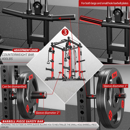 Power Rack Power Cage Multi-Function Squat Rack with Cable Crossover System Selectable More Training Attachment Power Rack for Garage & Home Gym (Red, D Set L02+Weight Bench+（Pole+Cast Iron） 248LBS)