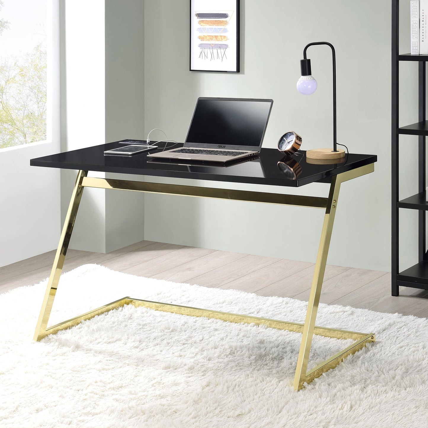 24/7 Shop at Home Ruthetta Modern Metal Writing Desk with USB Port, Power Outlet for Workstation, Home Office, Study Room, Glossy Black and Brass