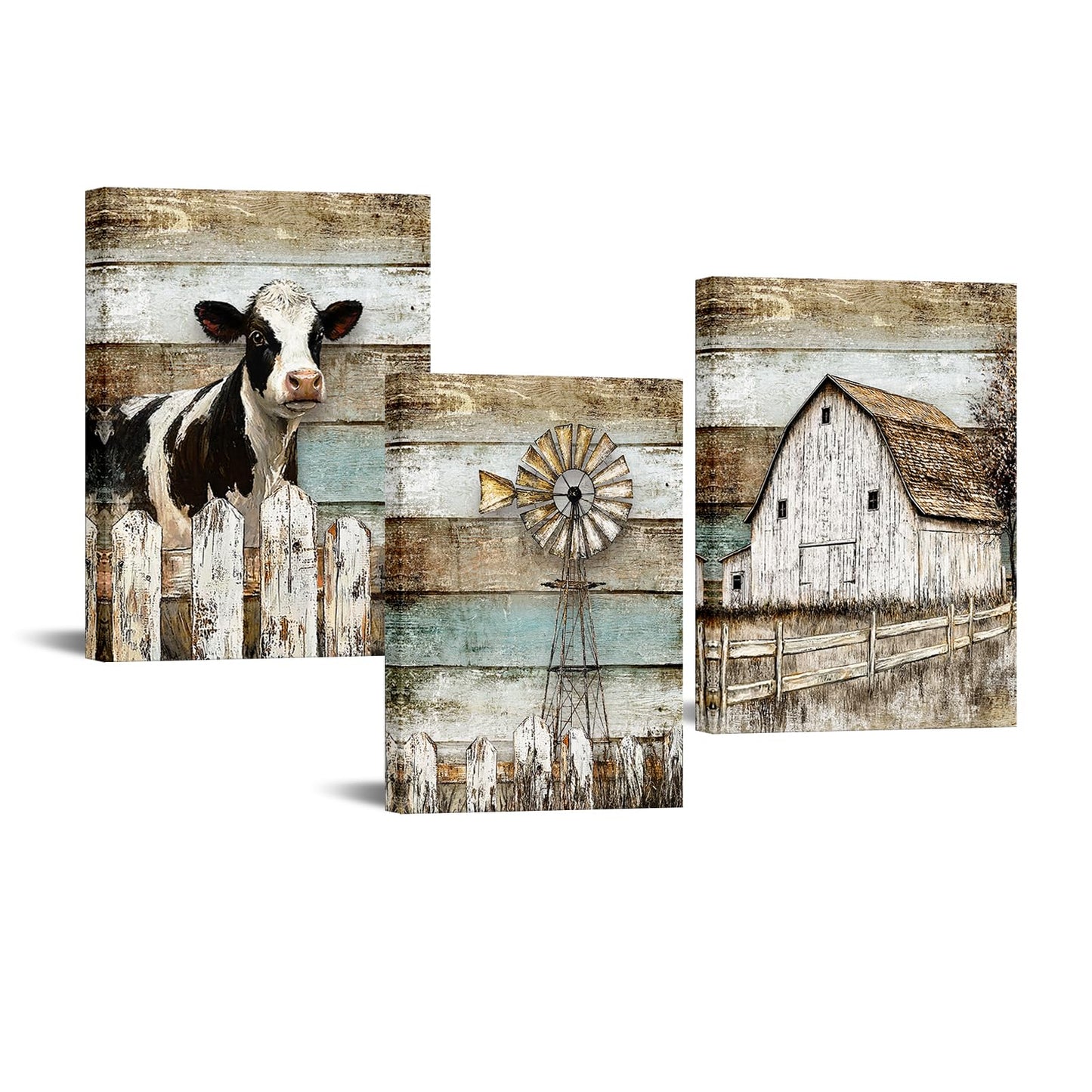 YeiLnm Rusty Windmill Barn Home Decor Cow Wood Canvas Farmhouse Wall Art 12x16 Inch