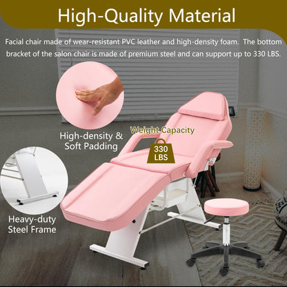 hereyova Massage Salon Chair with Two Trays Esthetician Bed with Hydraulic Stool,Multi-Purpose 3-Section Facial Bed Table, Adjustable Beauty Barber Spa Beauty Equipment, Pink