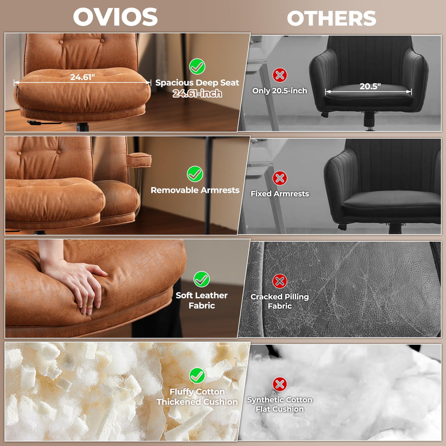 ovios Ergonomic Office Chair, High Back Faux Leather Executive Chairs with Thick Cushion, Comfy Mid-Century Modern Swivel Rolling Computer Armchair (Brown, Suede Leather)