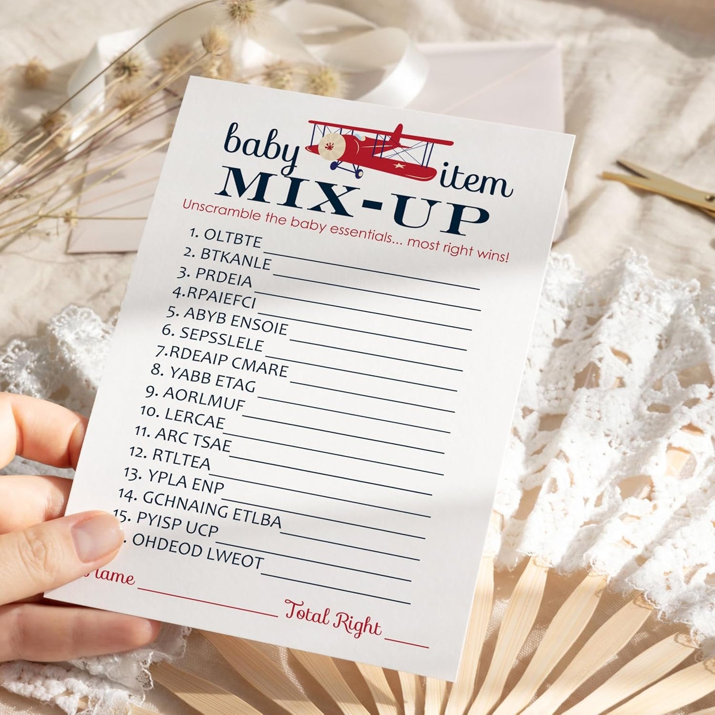 Airplane Baby Shower Games for Boys, Word Scramble Activity, 25 Cards, Adventure Theme in Red and Blue