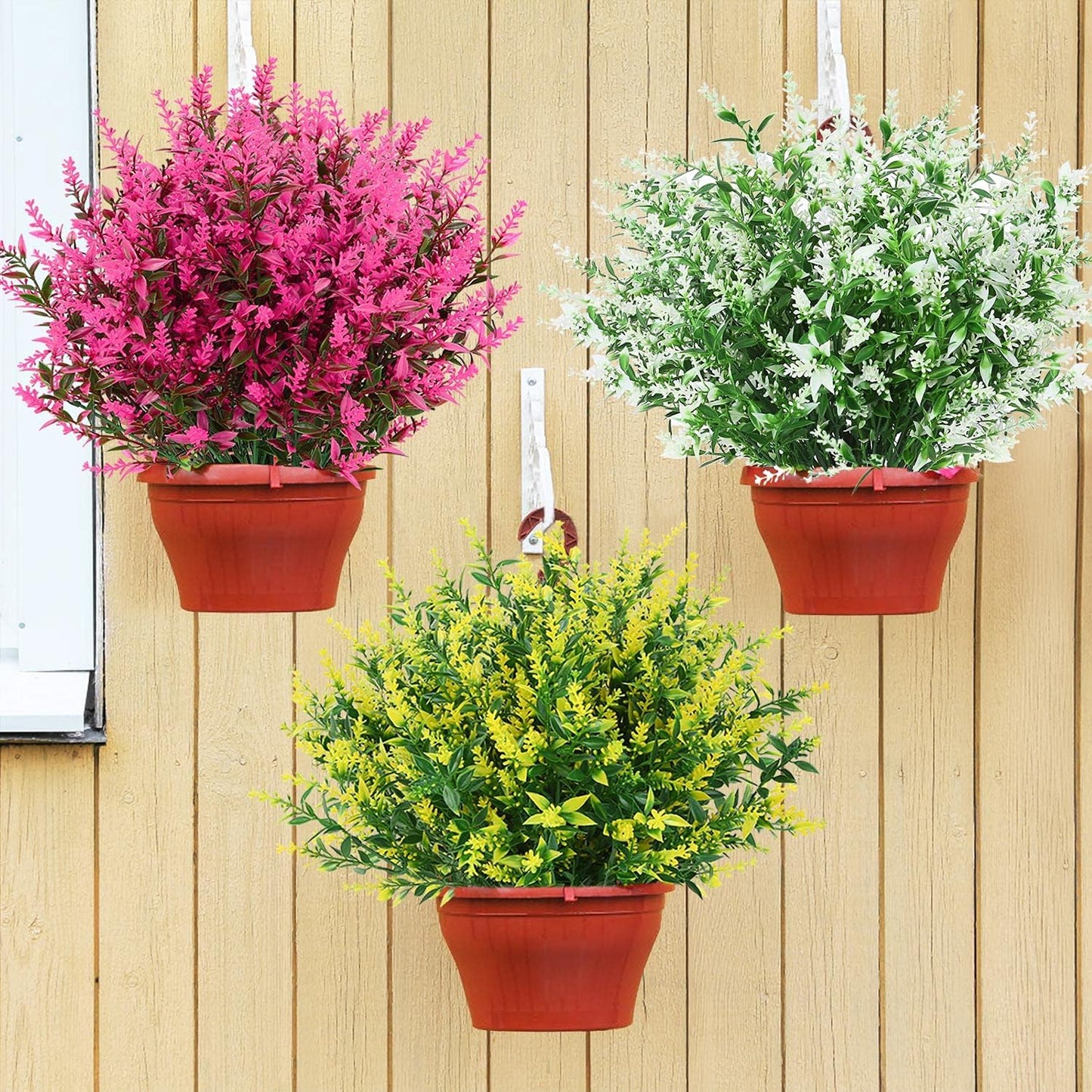 GREENRAIN 8 Bundles Artificial Lavender Flowers, UV Resistant Faux Plastic Plants for Garden, Porch, Window Box Décor