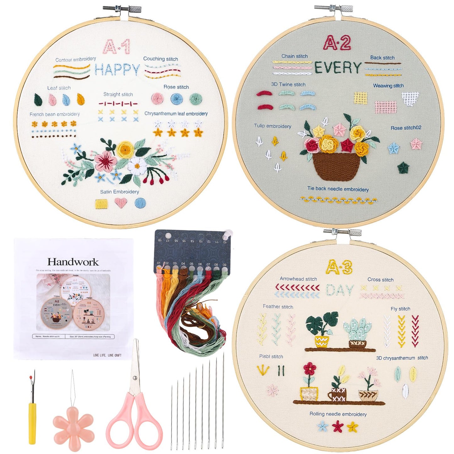 HuvRsu Embroidery Kit for Beginners, 3 Pack Starter Kit with Hoops, Colorful Threads, Pre-Printed Floral and Fruit Patterns, Full Tools and Instructions - DIY Craft Gift for Women Teens