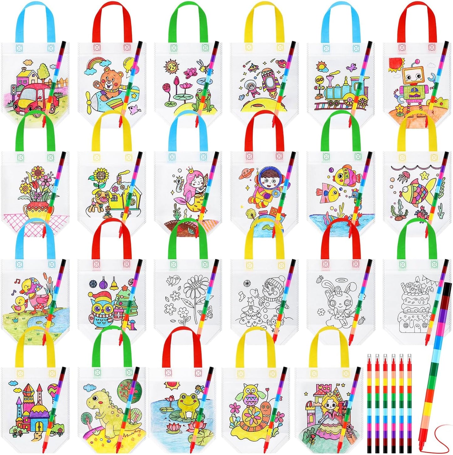 48 Chunful Pieces Coloring Goodie Gift Bags for Kids Birthday Party Reusable Coloring Tote Bags Cute Cartoon Colorful