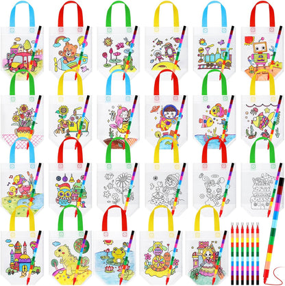 48 Chunful Pieces Coloring Goodie Gift Bags for Kids Birthday Party Reusable Coloring Tote Bags Cute Cartoon Colorful