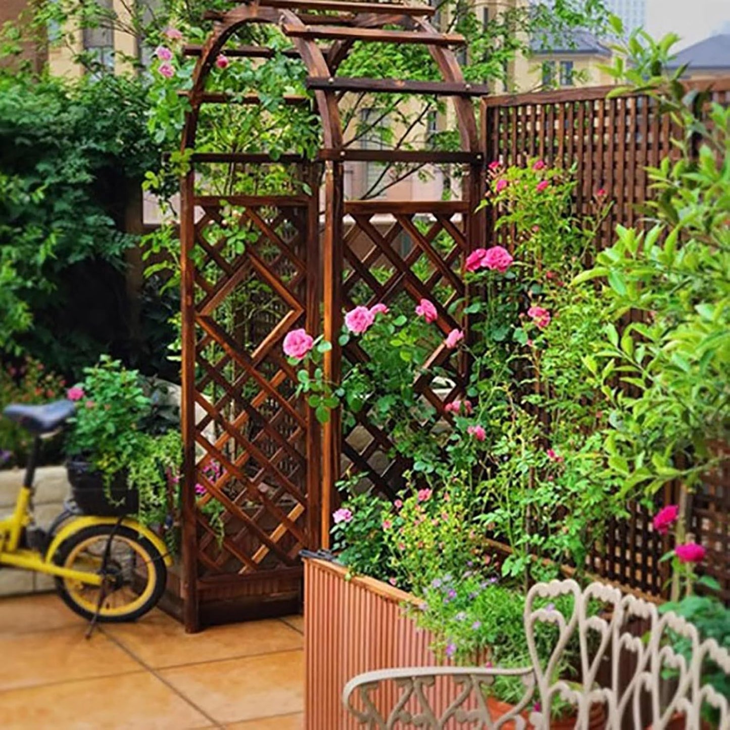 Wooden Garden Arbor Arch for Climbing Plants, Outdoor Wedding Ceremony Trellis, 4.5ft×7.4ft Brown Pergola for Backyard Lawn Party Decoration Brown 4.5ft×7.4ft