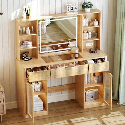 GRUTEUNIT 51" Large Vanity,Modern Fluted Makeup Vanity Desk with Mirror and Lights, Glass Top Vanity with 3 Drawers and 2 Cabinets&Charging Station,Dressing Table for Women and Girls’ bedrooms. Oak