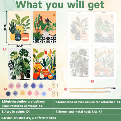 ICYANART 4 Pack Paint by Numbers kit for Adults with Frame and Wooden Easel, Plant Adult Paint by Number Kits, DIY Acrylic Oil Painting by Number for Beginners Home Wall Decor Gift (8x12 inch)